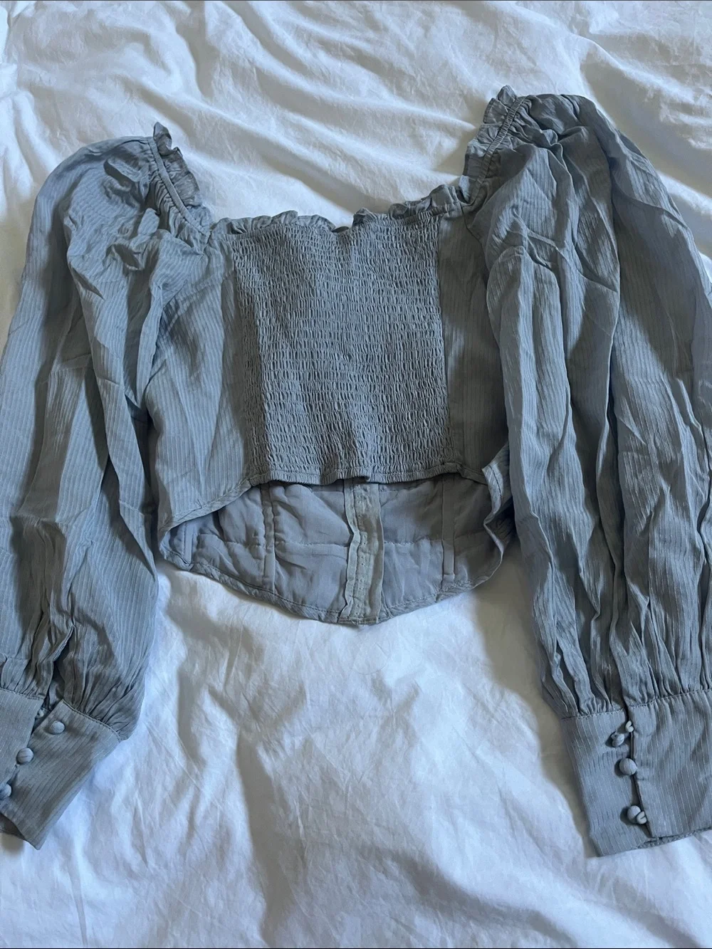 ASTR The Label dusty blue corset claspclosure puff sleeve square neck top blouse